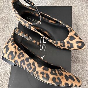 Via Spiga Leopard Print Ankle Strap Flats